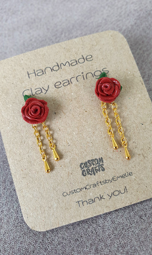 Rose stud earrings with golden chains