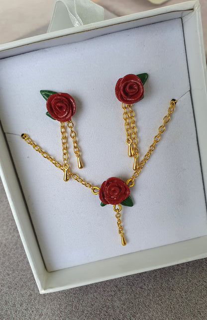 Rose stud earrings and necklace with golden chains, gift set