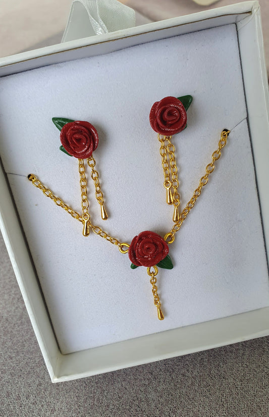 Rose stud earrings and necklace with golden chains, gift set