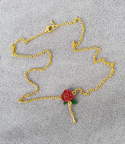 Rose stud earrings and necklace with golden chains, gift set
