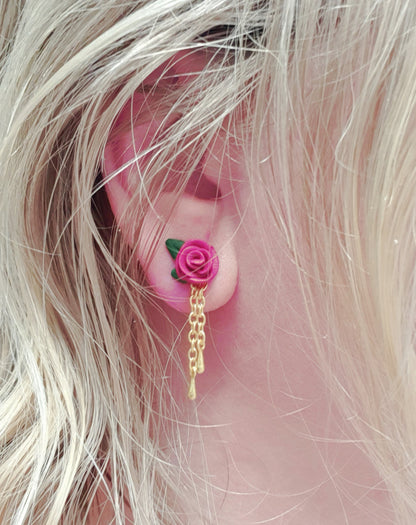Rose stud earrings with golden chains